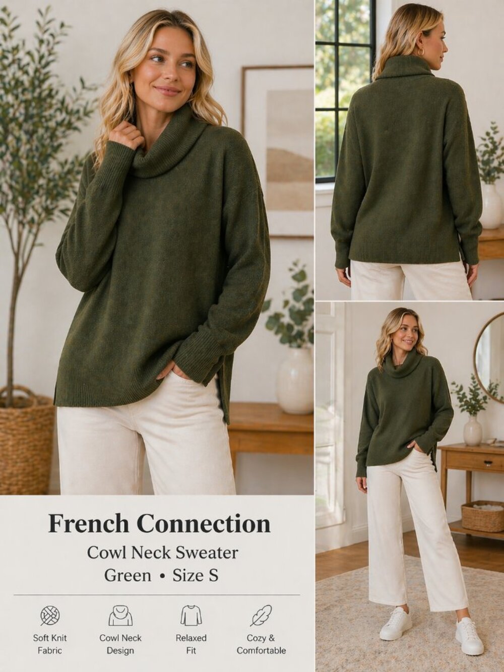 🆕French Connection Olive Green Cowl Neck Sweater Size S | Cozy Relaxed Fit